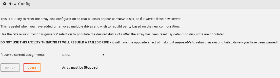 Resetting your disk configuration can be done via the new config page