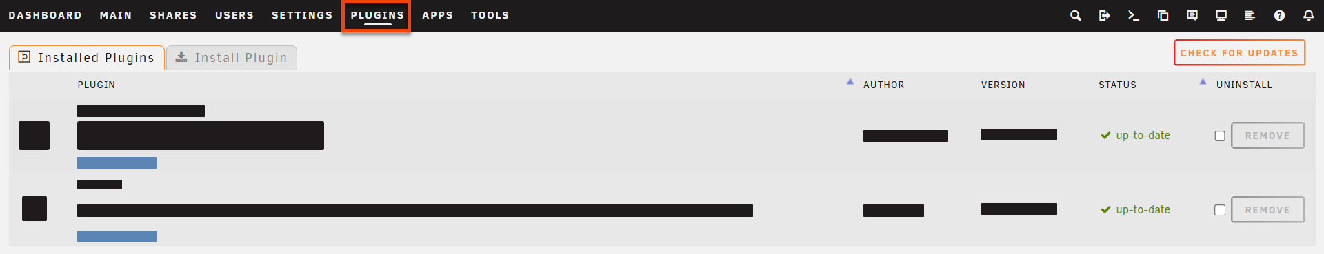 Plugins tab